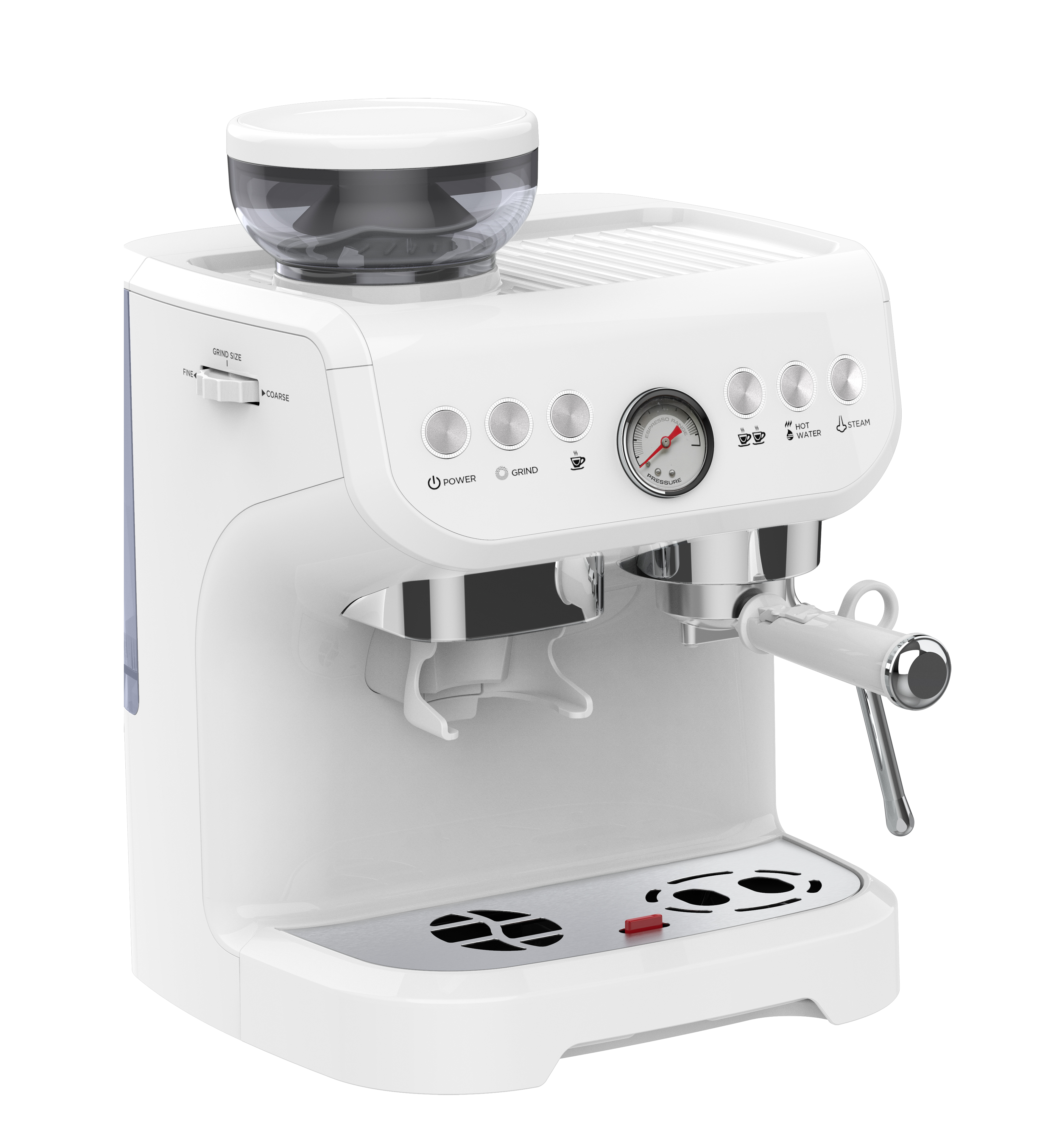 Macchina per caffè espresso semiautomatica da chicco a tazza con macinacaffè e lancia vapore